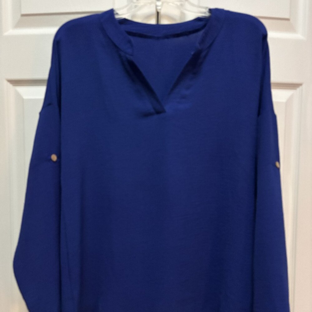 Blue V-Neck Roll Tab Sleeve Blouse Size Medium Lightweight